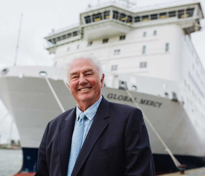 Don Stephens, Founder of Mercy Ships, with the Global Mercy.