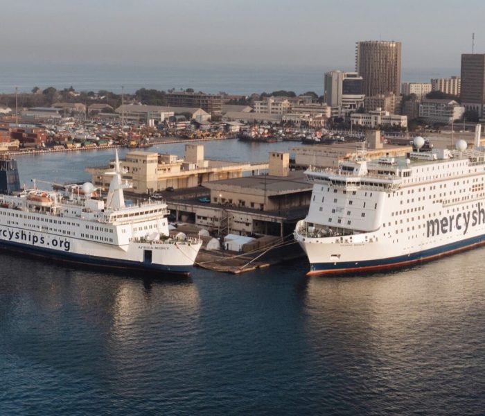 The Global Mercy docked next to the Africa Mercy shortly after arriving in Africa for the first time in Dakar, Senegal.