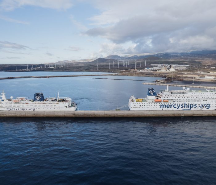 Both ships in the Mercy Ships fleet, the Africa Mercy and the Global Mercy, next to each other in Tenerife, Spain.